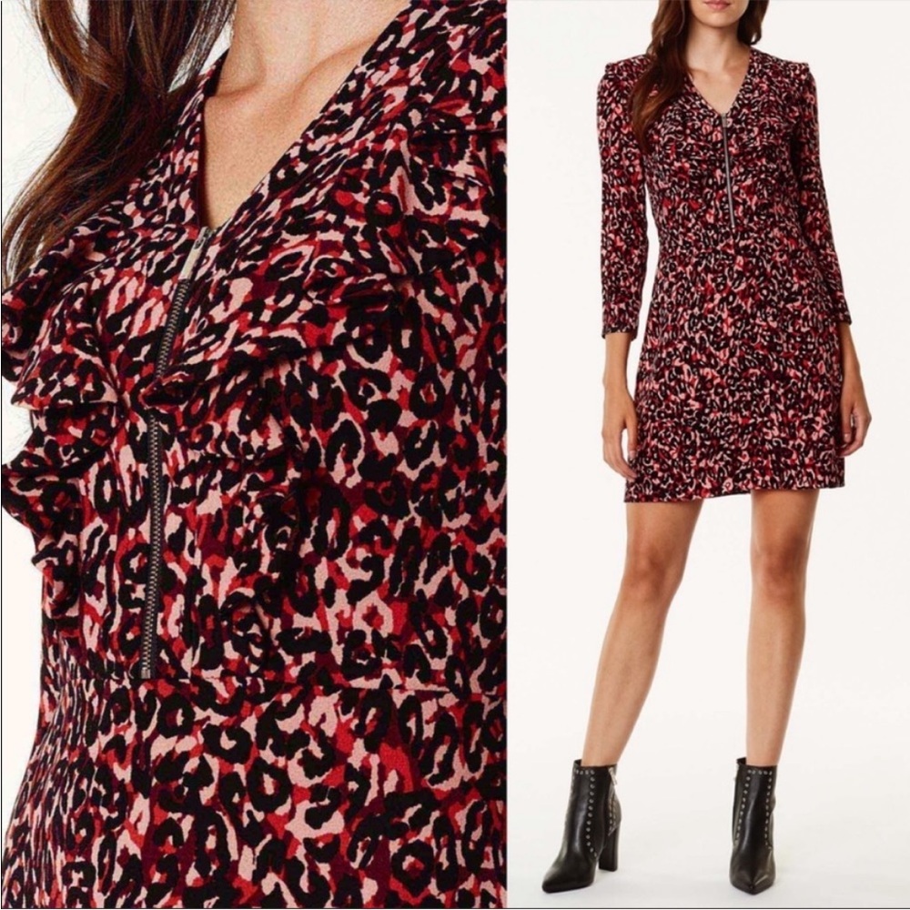 Karen Millen ruffle neck leopard animal print dress, size 6